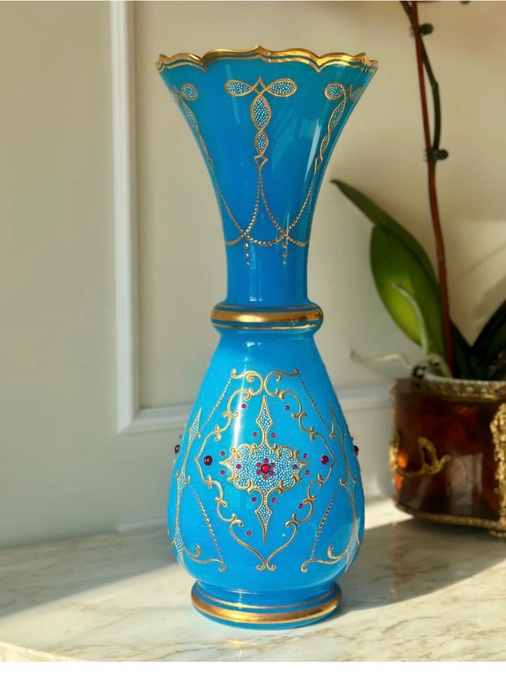 Bejeweled Blue Art Glass Vase with Gold Accents